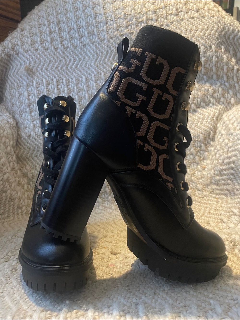 Guess Black Lace-Up Platform Ankle Boots with Beige Logo Knit